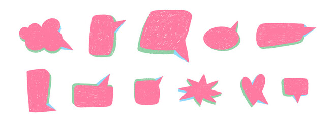 Empty speech bubbles. Doodle colorful forms for chat and message. Discussion and conversation, crayons drawing dialog windows. Sketch pencil. Thinking communication icon vector isolated hand drawn set