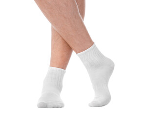 Man wearing clean socks on white background, closeup