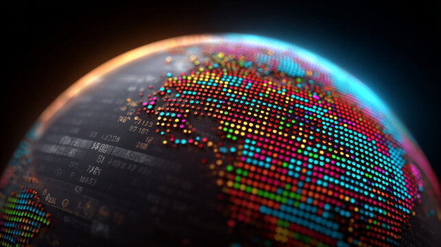 Digital Earth: A mesmerizing digital globe pulses with vibrant colors, representing the intricate interconnectedness of our world. The image is a visualization of data flows and global networks.