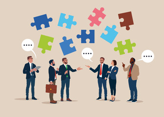Naklejka premium Business brainstorm workers. Cooperation, discussing with puzzle pieces above their heads. Teamwork and unity. Modern vector illustration in flat style