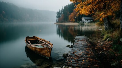 An old wooden boat moored by a weathered dock on a misty lake during autumn, with colorful fall foliage and a distant cabin, evoking a serene and tranquil atmosphere