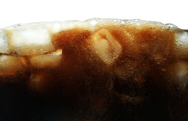 Refreshing cola with ice on white background, closeup