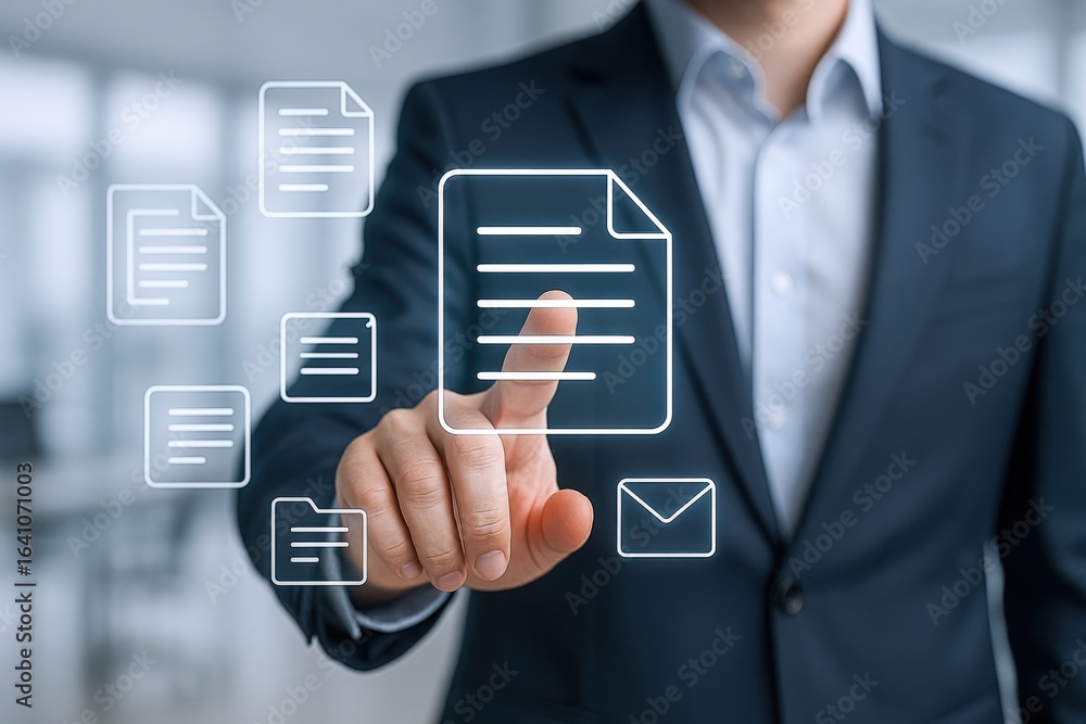Poster document management system: businessman interacting with digital file icons, representing efficiency