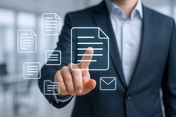 Document Management System: Businessman Interacting with Digital File Icons, Representing Efficiency and Organization