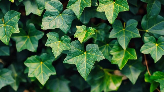 Close-up of lush green ivy leaves with distinct yellow veins, creating a vibrant foliage texture background for natural beauty and garden themes