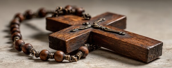 Vintage Wooden Crucifix and Rosary Beads
