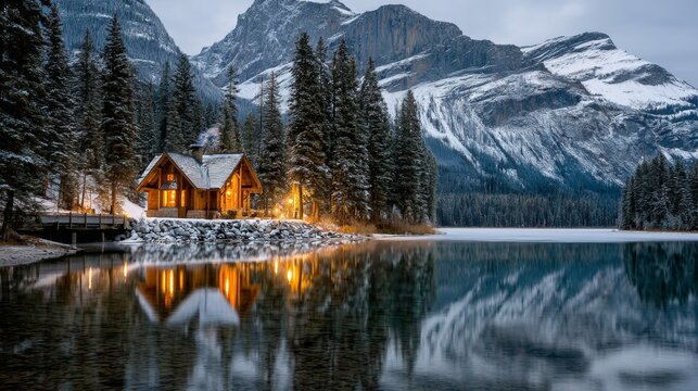 A cozy log cabin glows with warm light on a snowy winter evening, nestled beside a calm lake reflecting snowcapped mountains and dark evergreen trees