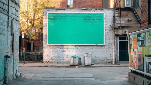 Urban alleyway with green billboard and passing vehicles, perfect for advertisement