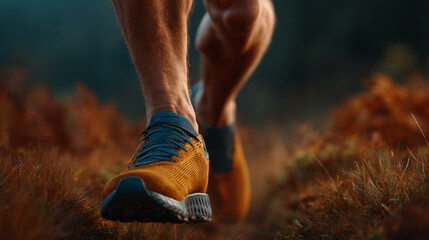 Endurance on the Trail: A close-up shot showcases the powerful legs and running shoes of an athlete as he conquers a trail. It captures the essence of perseverance and physical exertion.