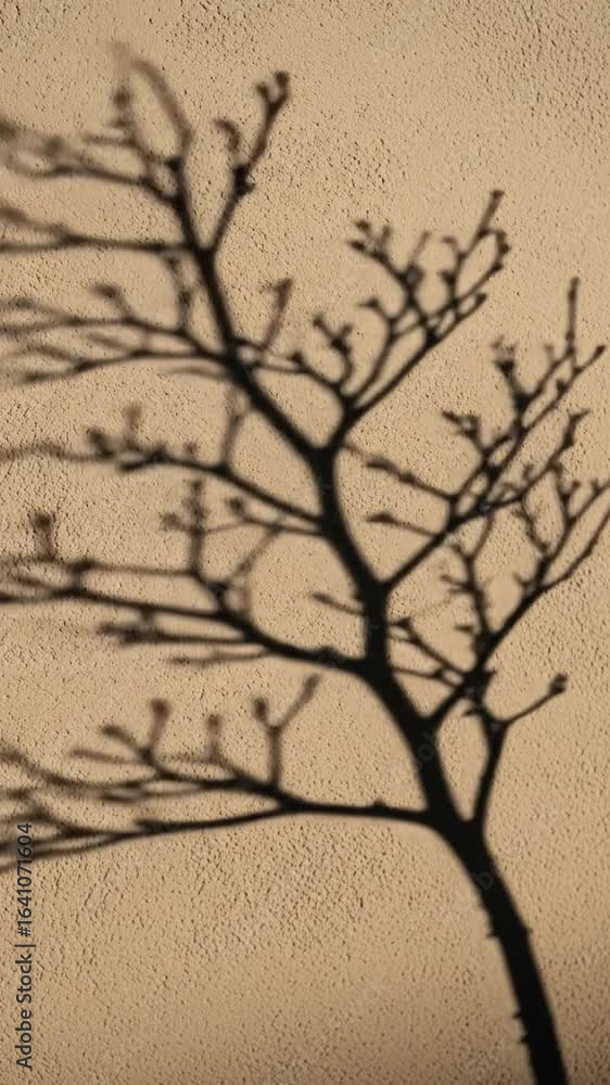 Poster silhouette of bare tree branches creates a shadow pattern against a beige textured wall in soft natu