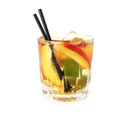 Refreshing iced peach tea in glass isolated on white