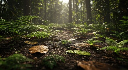 Lush forest path with sunlight filtering through leaves creating a peaceful, serene atmosphere