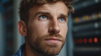 Server Room Professional: Capturing the intensity of a server room professional, bathed in the warm glow of the data center, with a look of focus and determination.