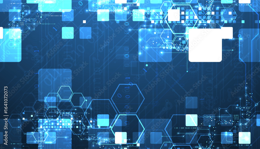 Poster a technical background using technological lines, squares, and hexagons combined into an art composi
