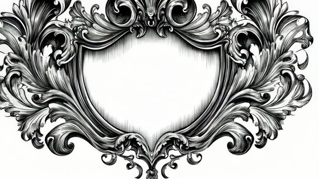 Ornate Baroque Shield Frame with Scrollwork and Flourishes - Antique Style Design Element for Decorative Border and Graphic Design
