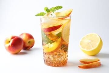 Tasty iced tea with lemon, peaches and mint on white background