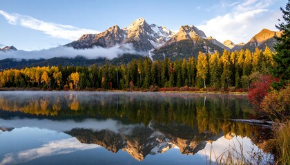 Fototapeta premium Autumn mountain lake sunrise reflection