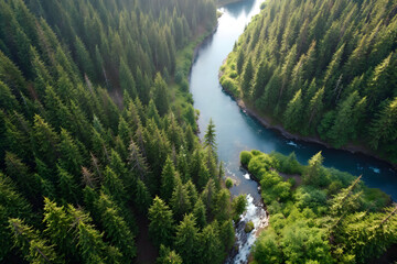 Majestic River Through Forest Scenery Aerial View Serenity Peace