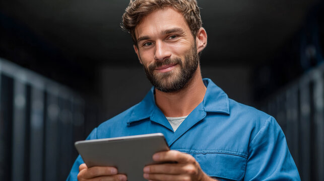 IT Specialist with a Tablet: A focused and confident IT specialist, donning a blue uniform, holds a tablet in a server room, reflecting expertise and technological prowess.