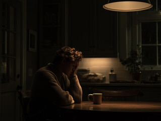 A solitary figure sitting at a small kitchen table at night, head resting on one hand, dim overhead light casting soft shadows, empty mug in front, minimal background details, cinematic low-contrast