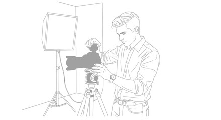Young Man Adjusting Professional Camera on Tripod in Studio Setting