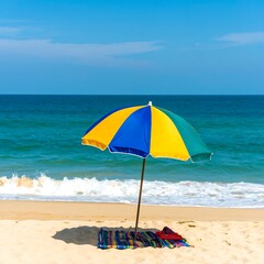 Colorful beach umbrella on sandy shore near ocean waves under bright sky
