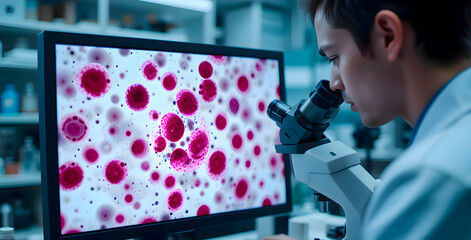 Man in a laboratory carefully looking through a microscope while analyzing data of viruses and bacteria displayed on a nearby computer monitor in a research facility