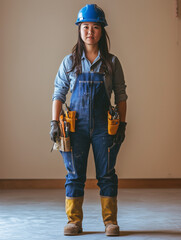 Young asian construction worker wearing blue overalls and hardhat posing on site