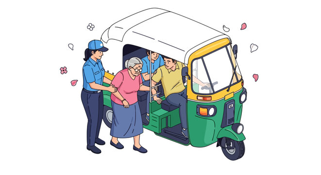 A caregiver and man help a senior woman board a green and yellow auto-rickshaw taxi.