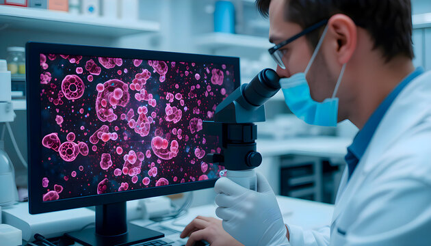 Male scientist wearing a lab coat examining scientific biological data of viruses and bacteria on a large computer screen inside a bright modern research laboratory