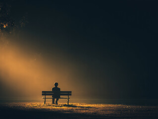 Obraz premium Silhouette of a person sitting alone on a park bench, facing away from the camera, surrounded by fog, dim golden-hour light filtering through
