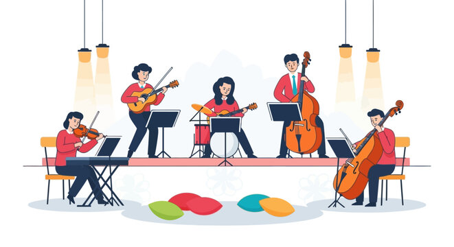 A five-piece musical ensemble in red shirts performing live on a stage with string instruments and drums.