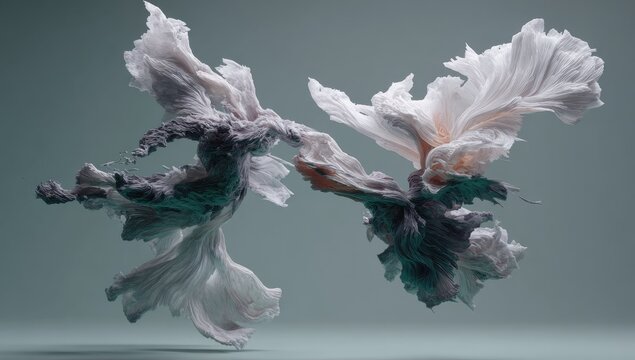 Abstract forms, draped in white and gray, float against a muted backdrop