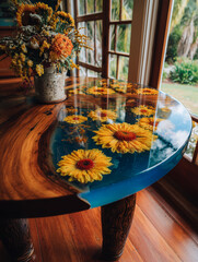 Round epoxy resin table showing embedded sunflowers and bouquet of flowers