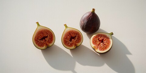 Figs on white background, three sliced with a whole fig behind