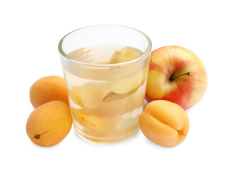 Tasty compot and fruits isolated on white