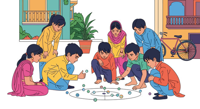 A group of South Asian children in colorful traditional clothes playing a game of marbles outdoors.