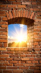 Brick wall with arched window, sunrise view