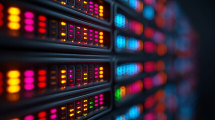 Fototapeta premium Digital Network Server: A close-up view showcases a powerful server rack bathed in vibrant hues, indicating data flow and digital connectivity.