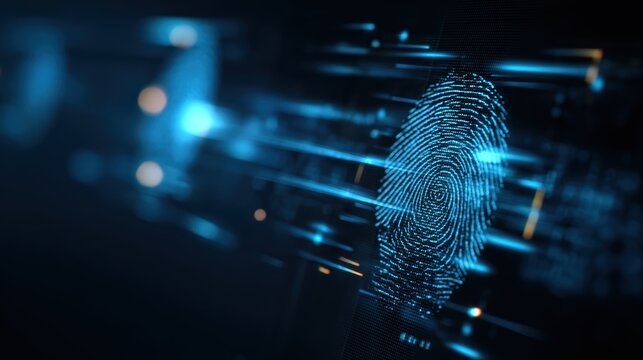 Digital fingerprint scanning technology with glowing blue lines and abstract background showcasing cybersecurity and data protection concepts - Powered by Adobe