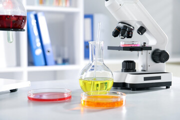 Petri dishes with different samples, flask and microscope on white table in laboratory. Solution...
