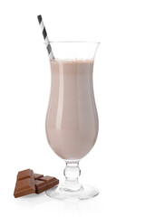 Tasty milkshake in glass and pieces of chocolate isolated on white