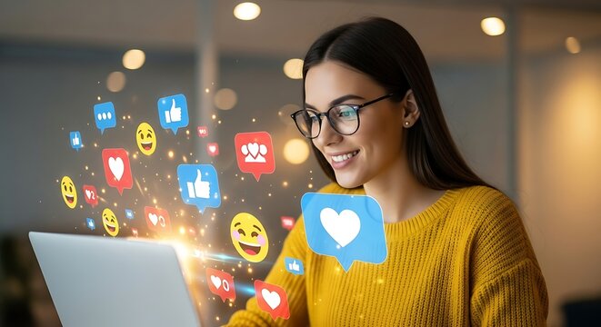 Woman using laptop with social media icons and emojis floating around her