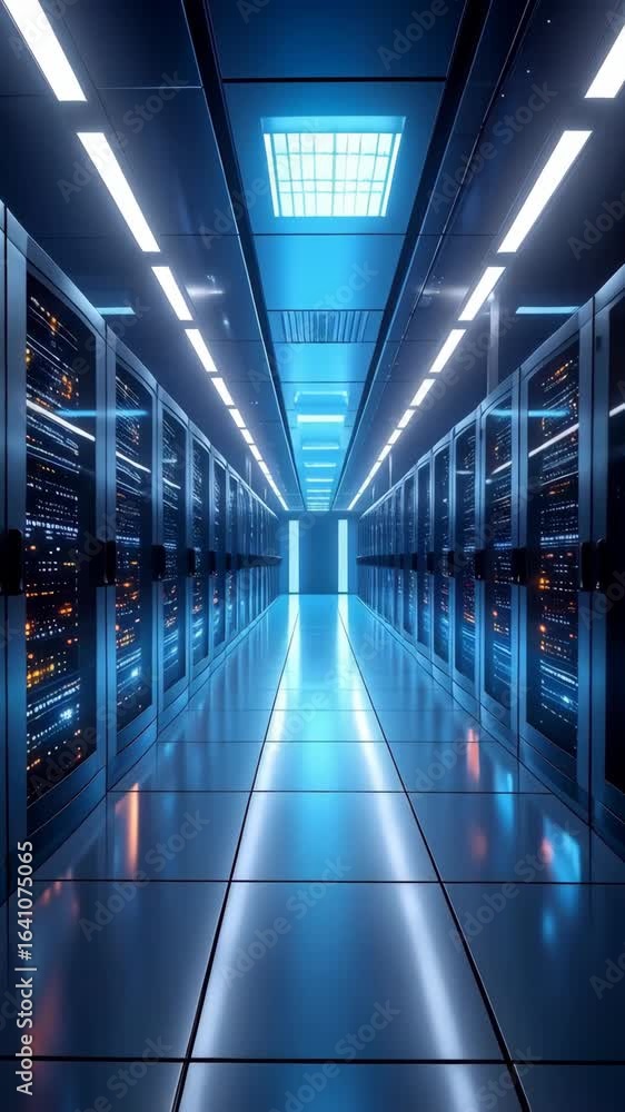 Poster long server room corridor with rows of computer cabinets reflecting blue light on shiny floor. data 
