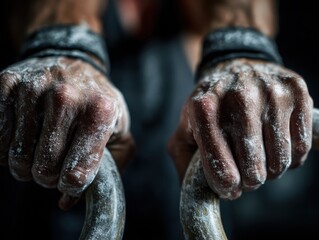 Obraz premium Strong and Determined Hands Gripping Gymnastics Rings Covered in Chalk Ready for an Intense Workout in a Dimly Lit Gym Environment