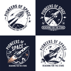 Pioneers of Space retro rocket launch illustration with planets and satellites for sci fi exploration t shirt design