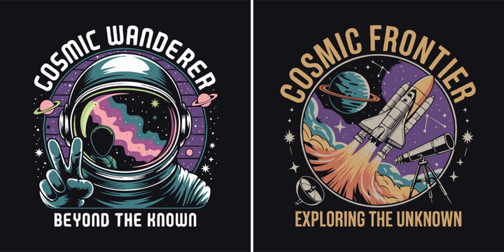 Cosmic Wanderer and Cosmic Frontier space exploration illustrations with astronaut and rocket for sci fi t shirt design