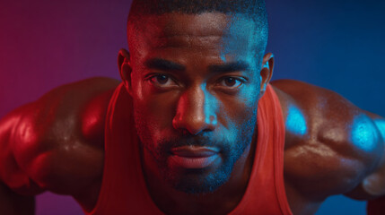Focused Athlete: A powerful black athlete is captured mid-push-up, sweat glistening under a gradient of red and blue lights, epitomizing determination and peak physical condition.
