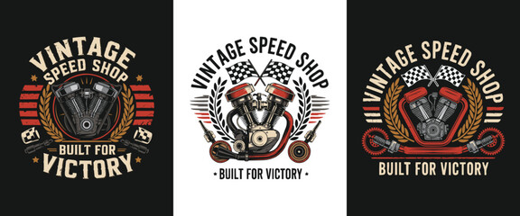 Vintage Speed Shop motorcycle engine emblem with racing flags and laurel wreath for retro biker t shirt design