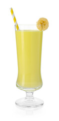 Tasty banana milkshake in glass isolated on white